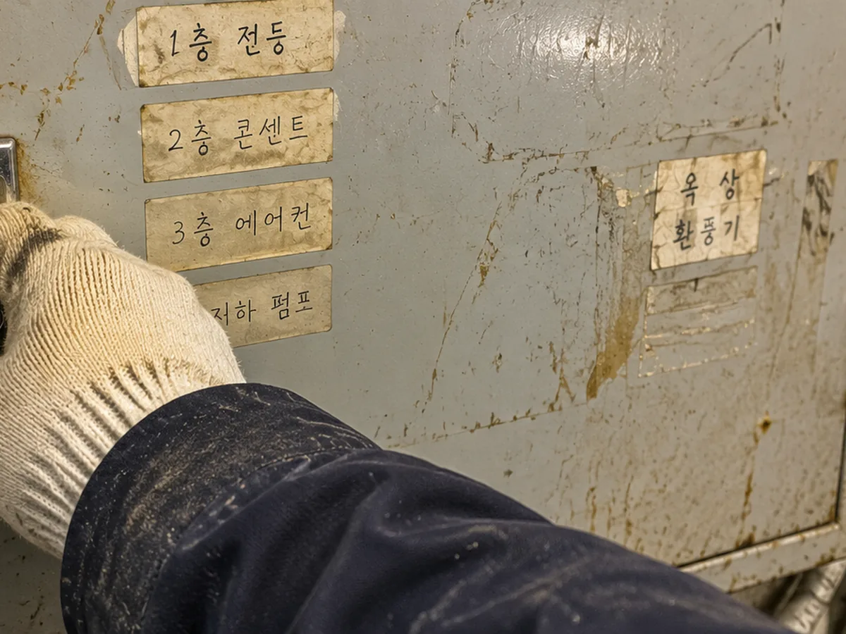 나무 벽면 분전함의 배선을 멀티미터로 측정하는 손